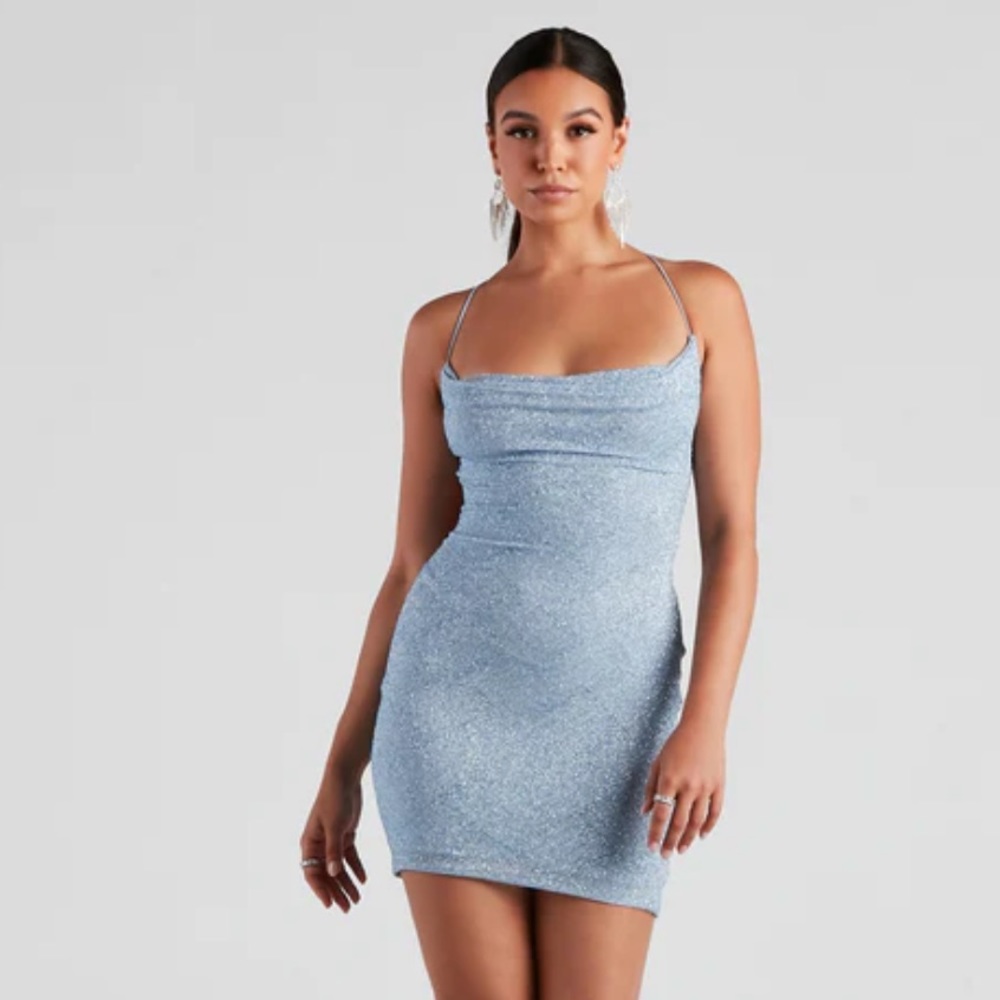 blue shirt sparkly body con dress. Size medium.